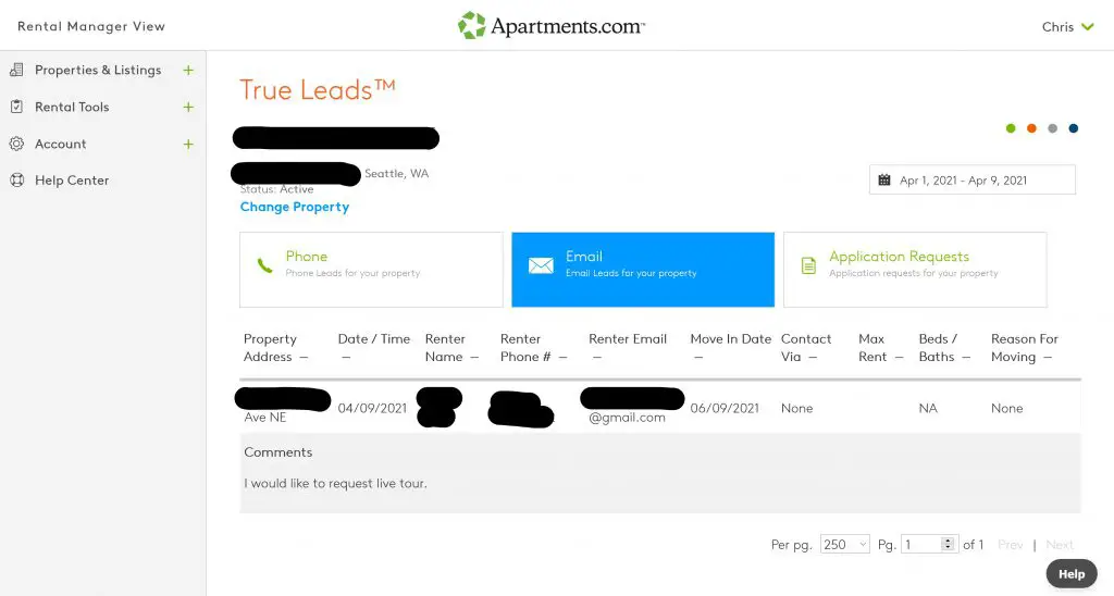 True Leads page you get when you advertise on apartments.com