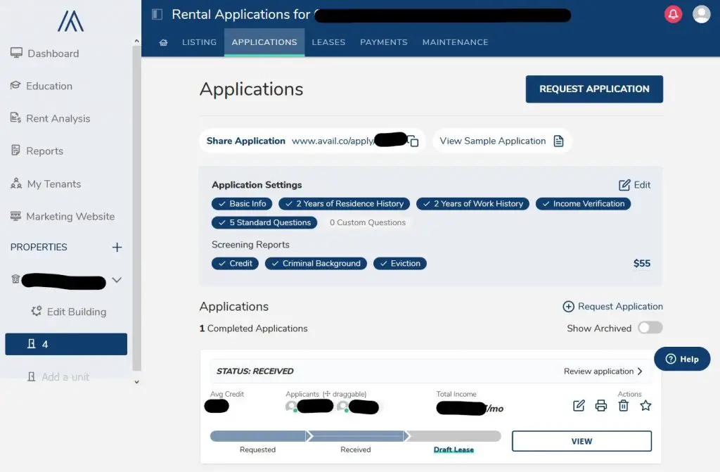 avail landlord software dashboard screenshot