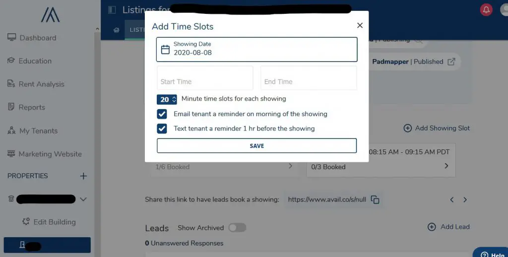 avail landlord software showings screenshot